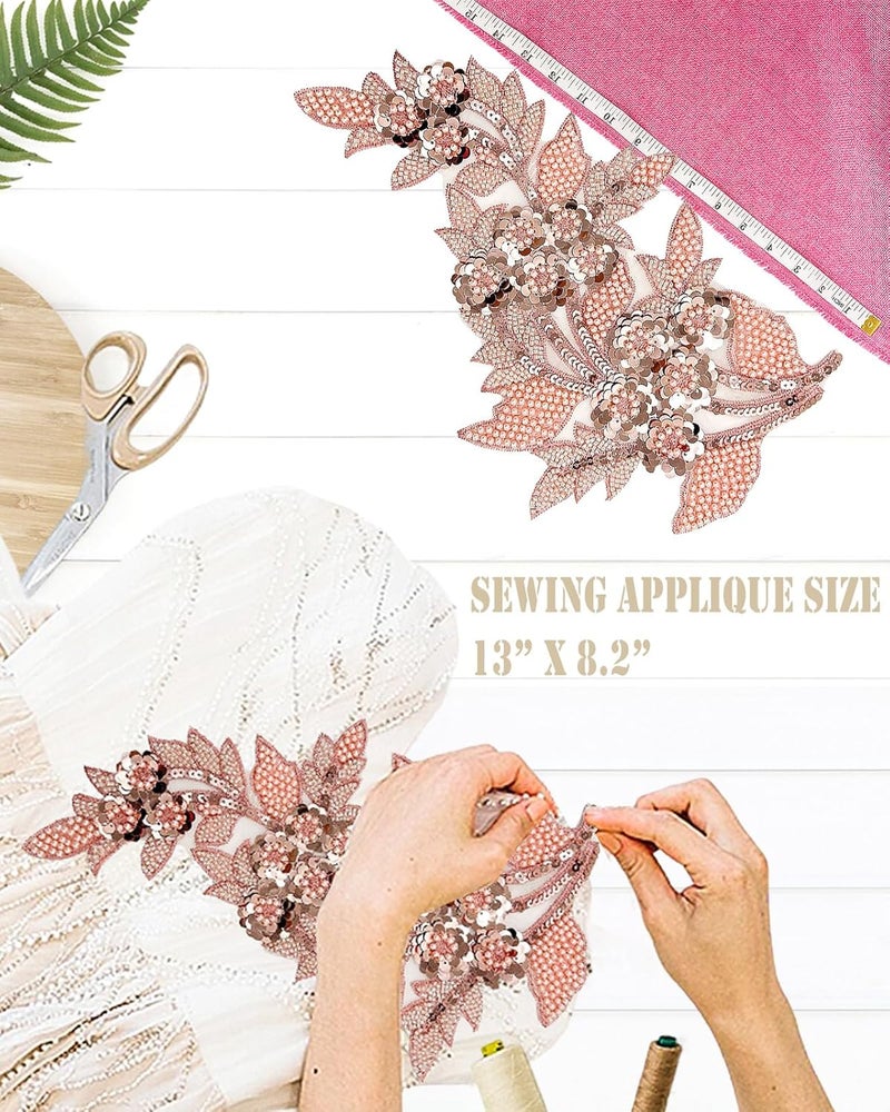 SAIXCCS 1pc Large Flower Rhinestone Applique Blue, Embroidery Sequin Patches for Clothes,Beaded Lace Applique for Wedding Bridal Dress Bodice Hat Sewing Craft for Girl Embellishment(Blue) - Image 4
